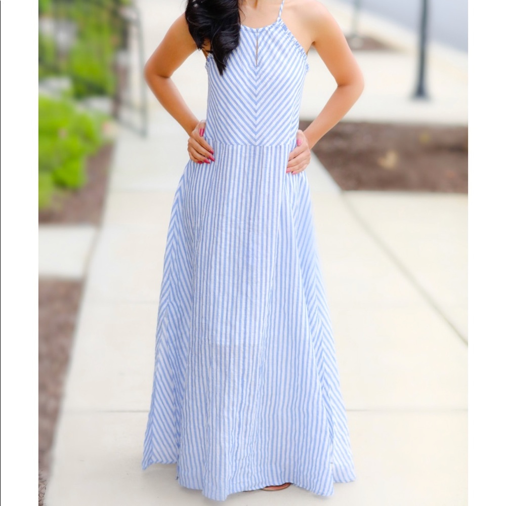 Blue and white striped halter maxi dress